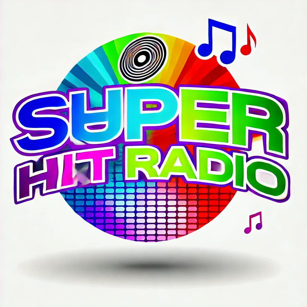 Colorful logo of SUPER HIT RADIO with vibrant colors, music notes, and a vinyl disc symbolizing upbeat radio music.